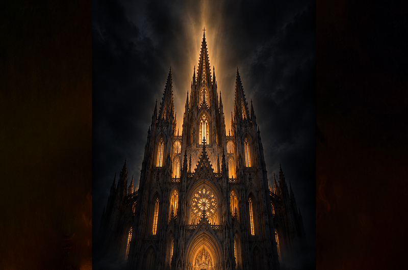 Cattedrale gotica che emerge dall’oscurità, illuminata dall’interno e protesa verso la luce.